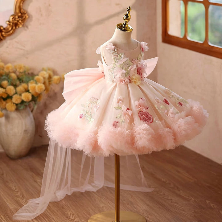 Pink floral applique flower girl dress J854 bodice detail