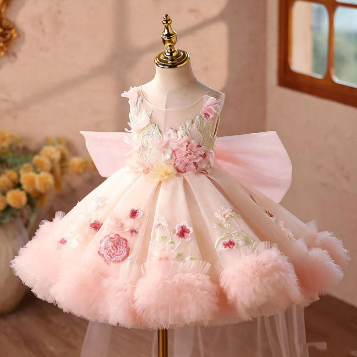 Pink floral applique short flower girl dress J854 model pose
