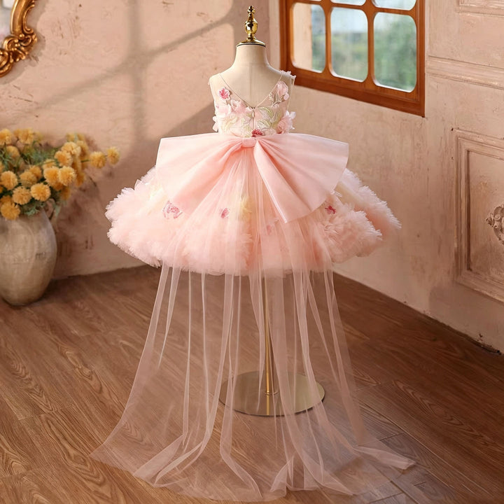 Pink floral applique short flower girl dress J854 side view