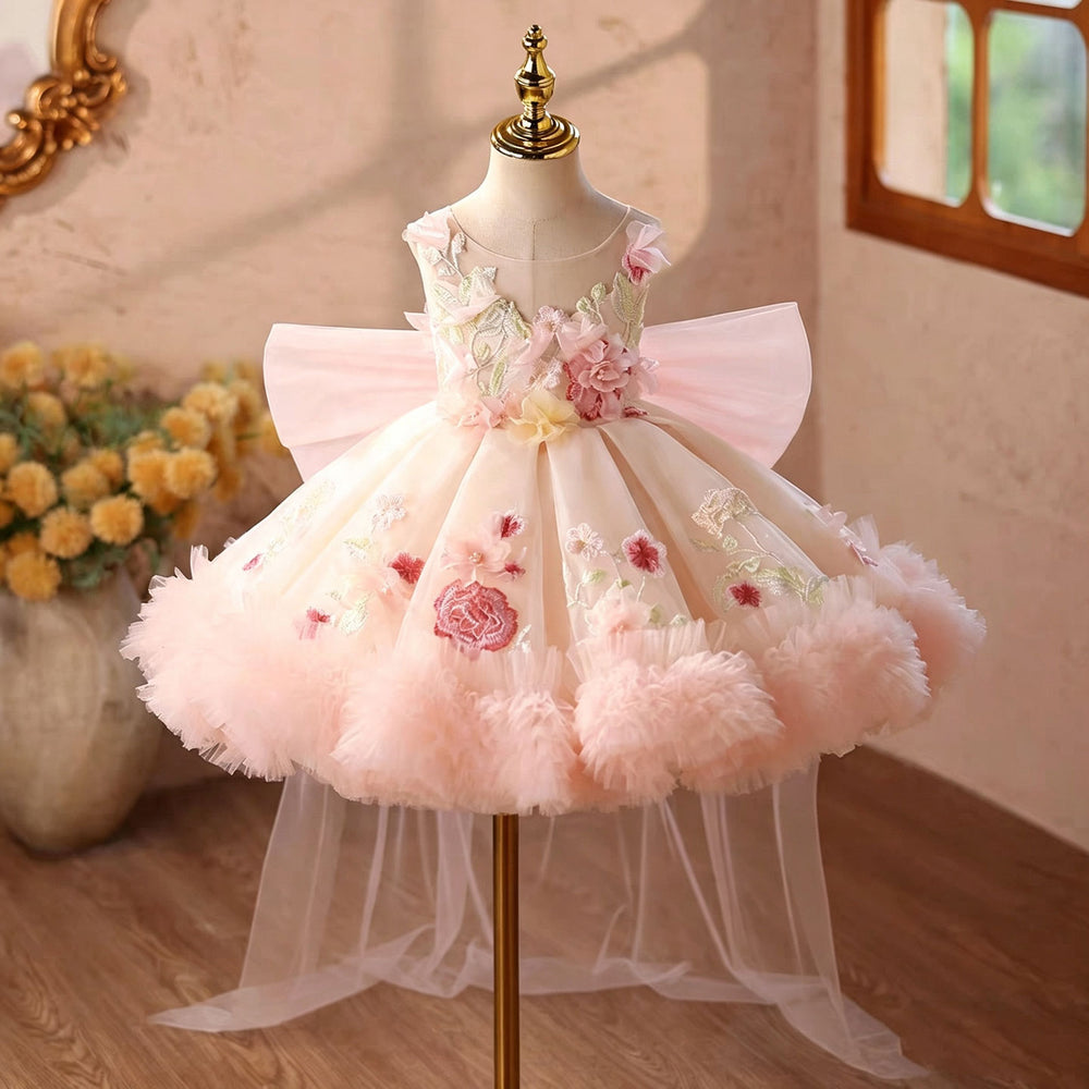 Pink floral applique short flower girl dress J854 front view
