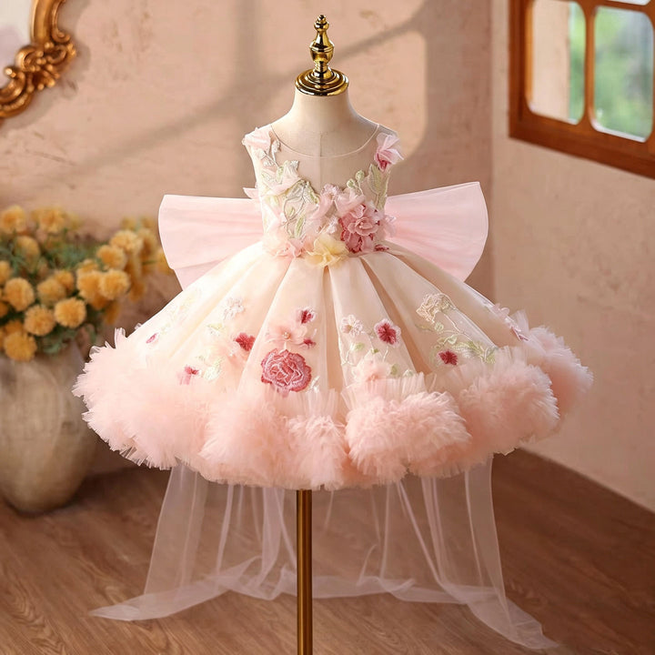 Pink floral applique short flower girl dress J854 front view