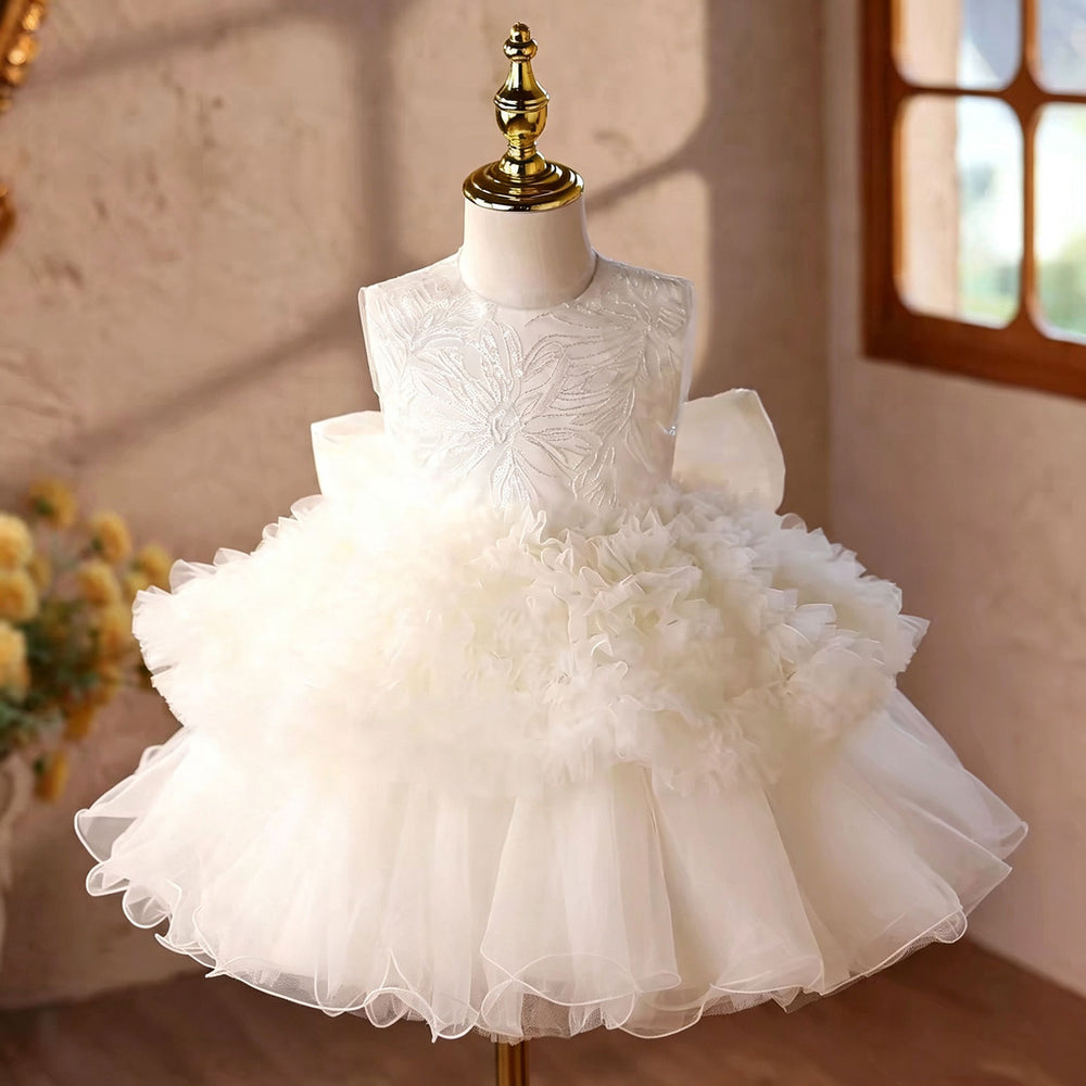 White floral applique short flower girl dress J863 front view