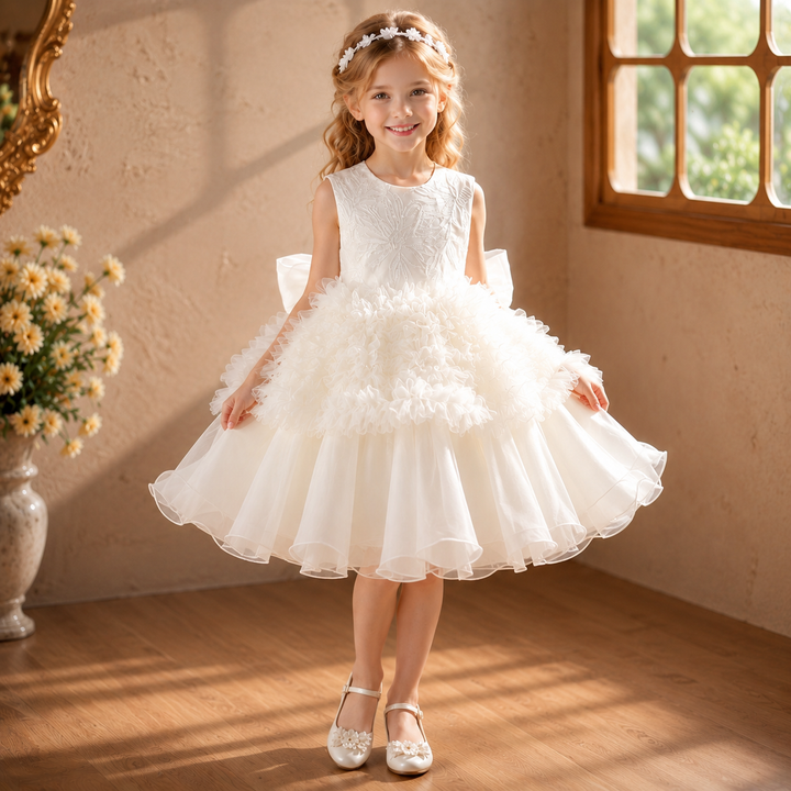White floral applique sleeveless short flower girl dress J863 main image