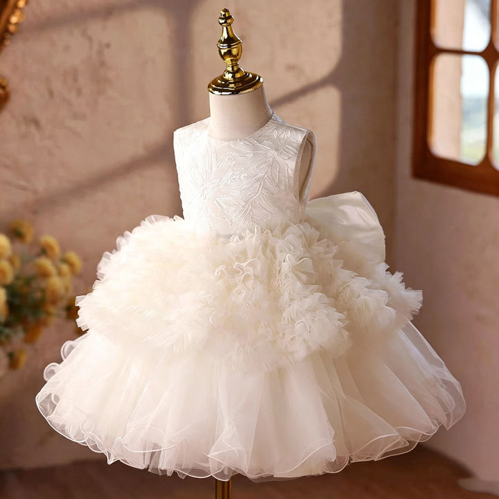 White floral applique short flower girl dress J863 side view