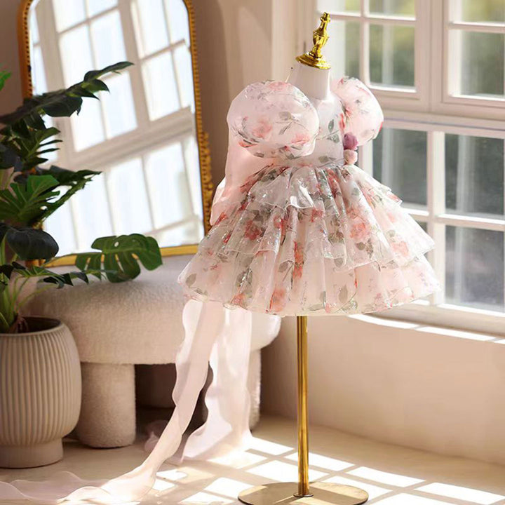 Pink floral puff sleeve short flower girl dress J865 back view