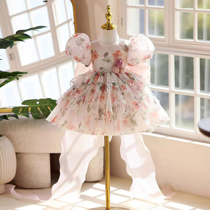 Pink floral puff sleeve short flower girl dress J865 detail view