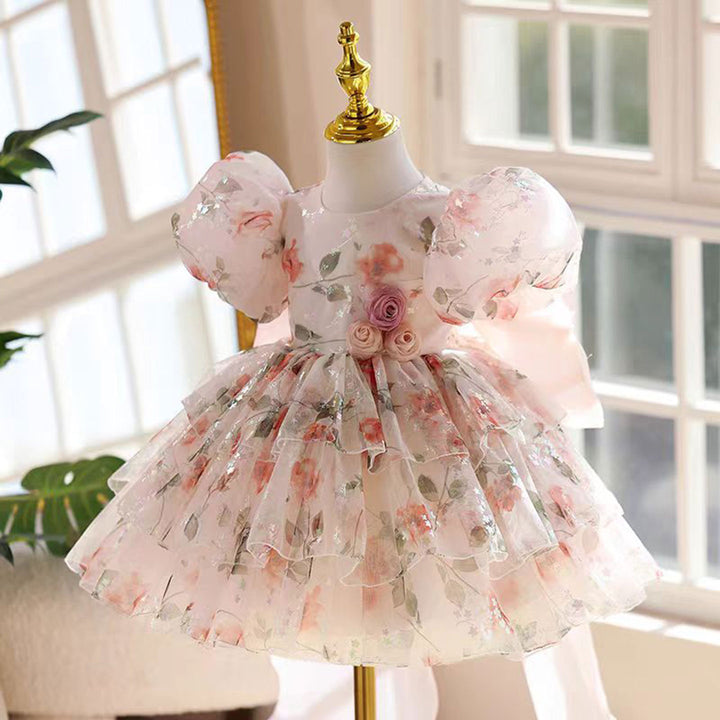 Pink floral puff sleeve short flower girl dress J865 front view