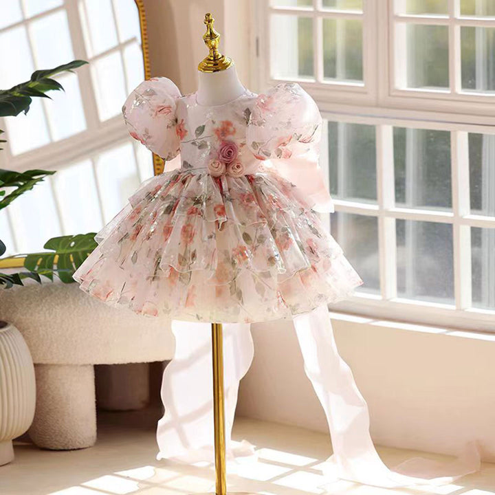 Pink floral puff sleeve short flower girl dress J865 main view