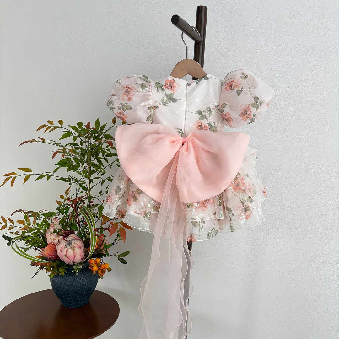Pink floral puff sleeve short flower girl dress J865 real product back