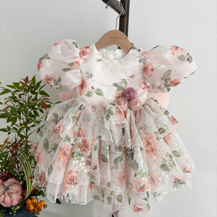Pink floral puff sleeve short flower girl dress J865 real product detail