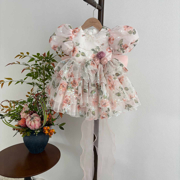 Pink floral puff sleeve short flower girl dress J865 real product front