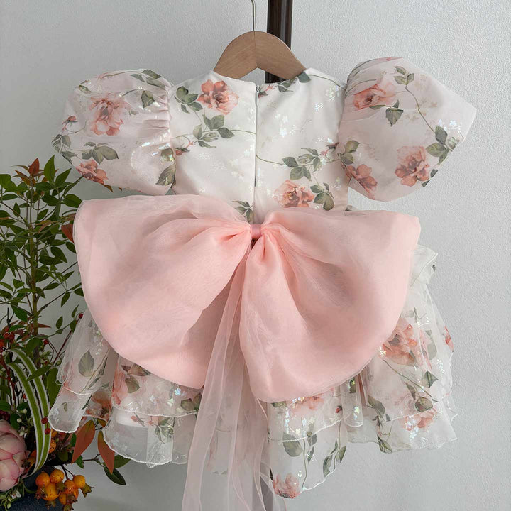 Pink floral puff sleeve short flower girl dress J865 real product side