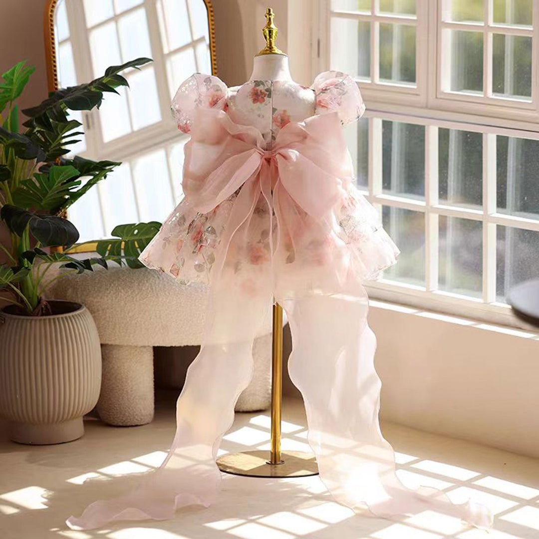 Pink floral puff sleeve short flower girl dress J865 side view