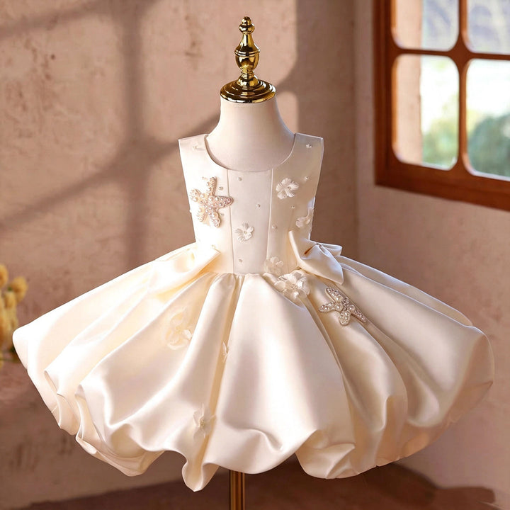Off white floral bow flower girl dress J866 front view