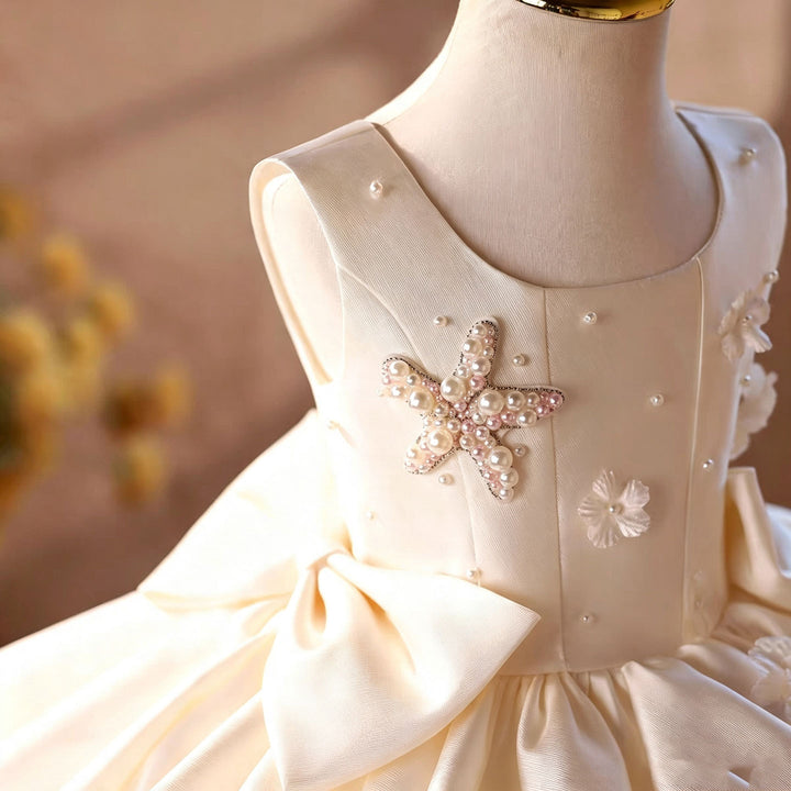 Off white pearl floral flower girl dress J866 detail