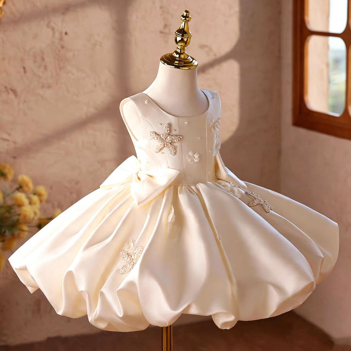 Off white bow flower girl dress J866 model pose