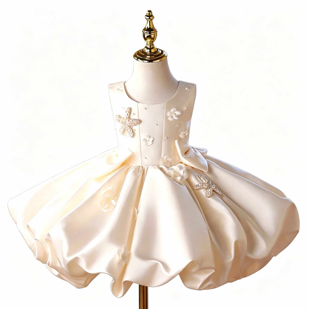 Off white pearl floral short flower girl dress J866 white background