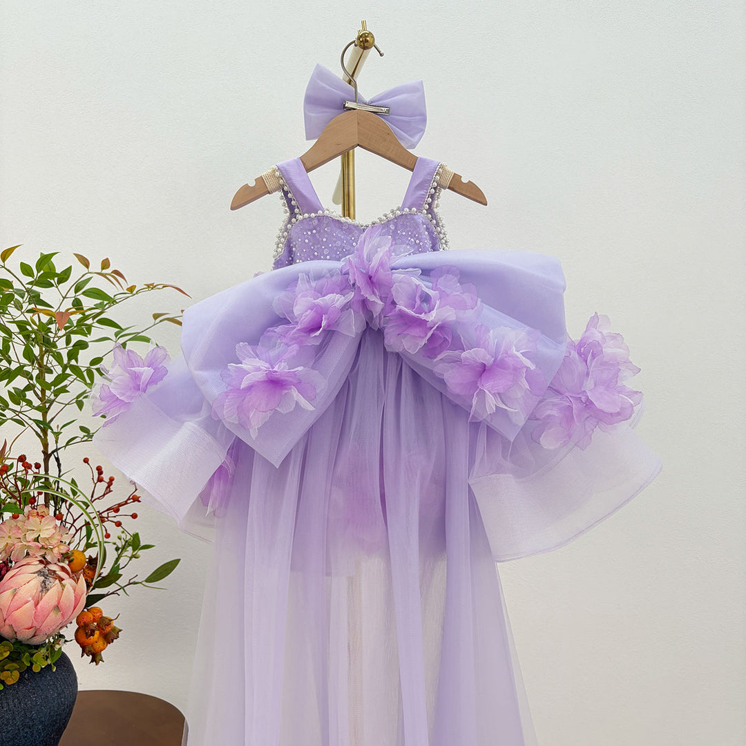 Dreamy Vow J872 Lilac floral girls pageant dress with tulle train, back