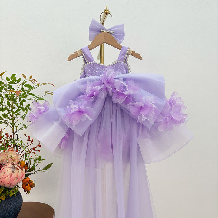 Dreamy Vow J872 Lilac floral girls pageant dress with tulle train, back