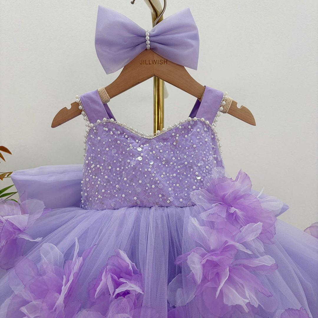 Dreamy Vow J872 Lilac floral girls pageant dress with tulle train, bodice detail