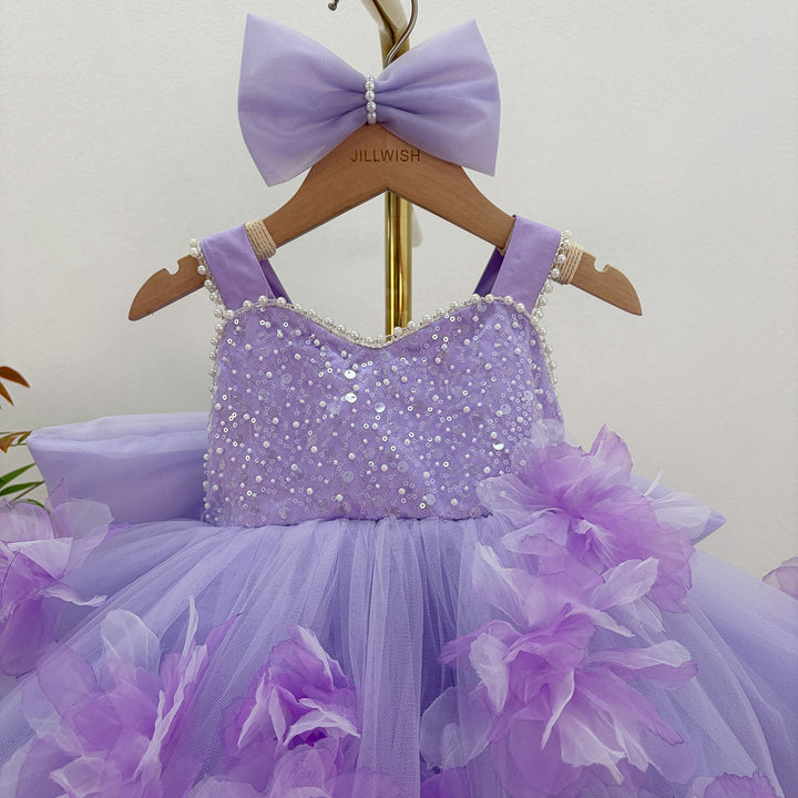 Dreamy Vow J872 Lilac floral girls pageant dress with tulle train, bodice detail