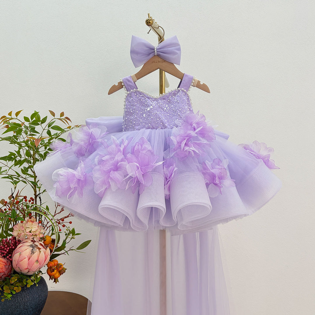 Dreamy Vow J872 Lilac floral girls pageant dress with tulle train, front