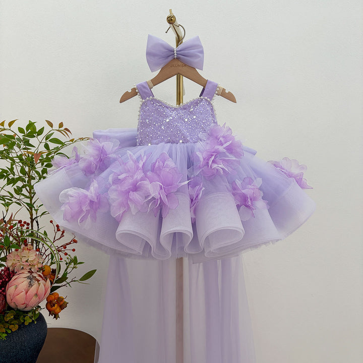 Dreamy Vow J872 Lilac floral girls pageant dress with tulle train, full dress