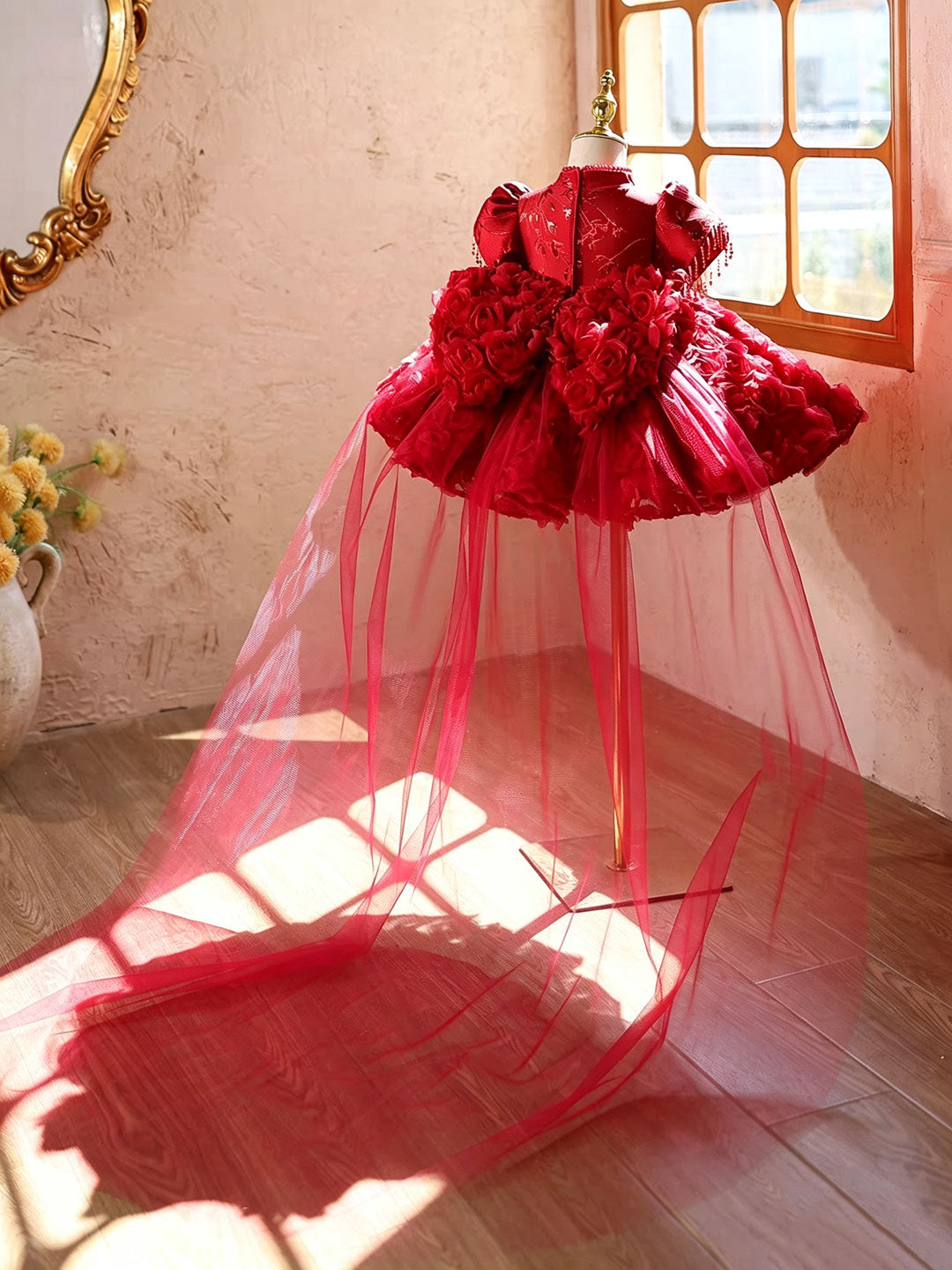 Red J922 girls dress back train