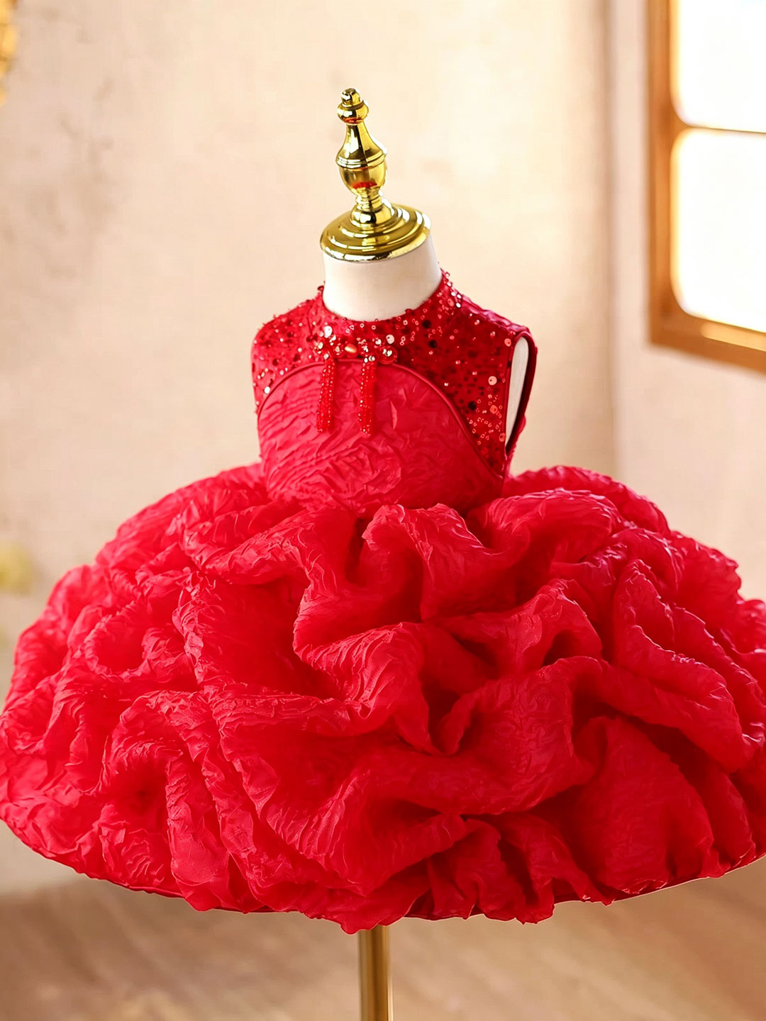 Red J924 girls dress three quarter front