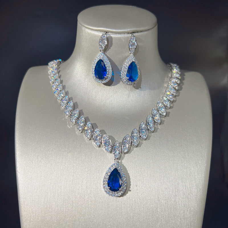 Dreamy Vow LE101 Blue teardrop necklace and earrings set, set front