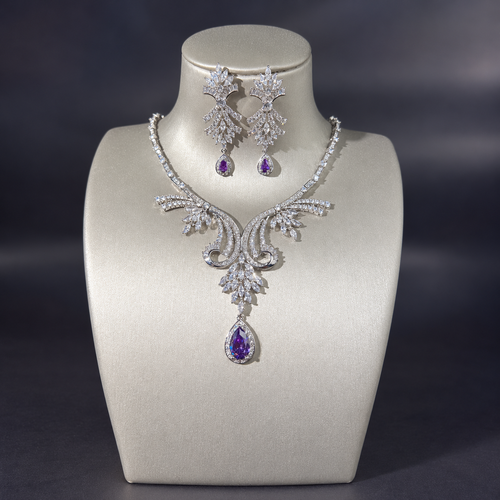 Purple Teardrop Scroll Necklace and Chandelier Earrings Set LE102