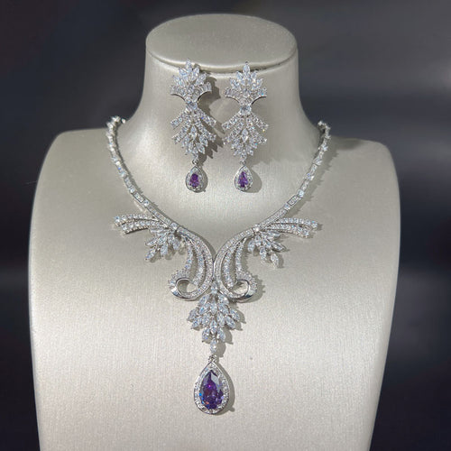 Purple Teardrop Scroll Necklace and Chandelier Earrings Set LE102