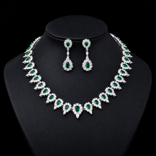 Teardrop Halo Necklace and Long Drop Earrings Set LE104