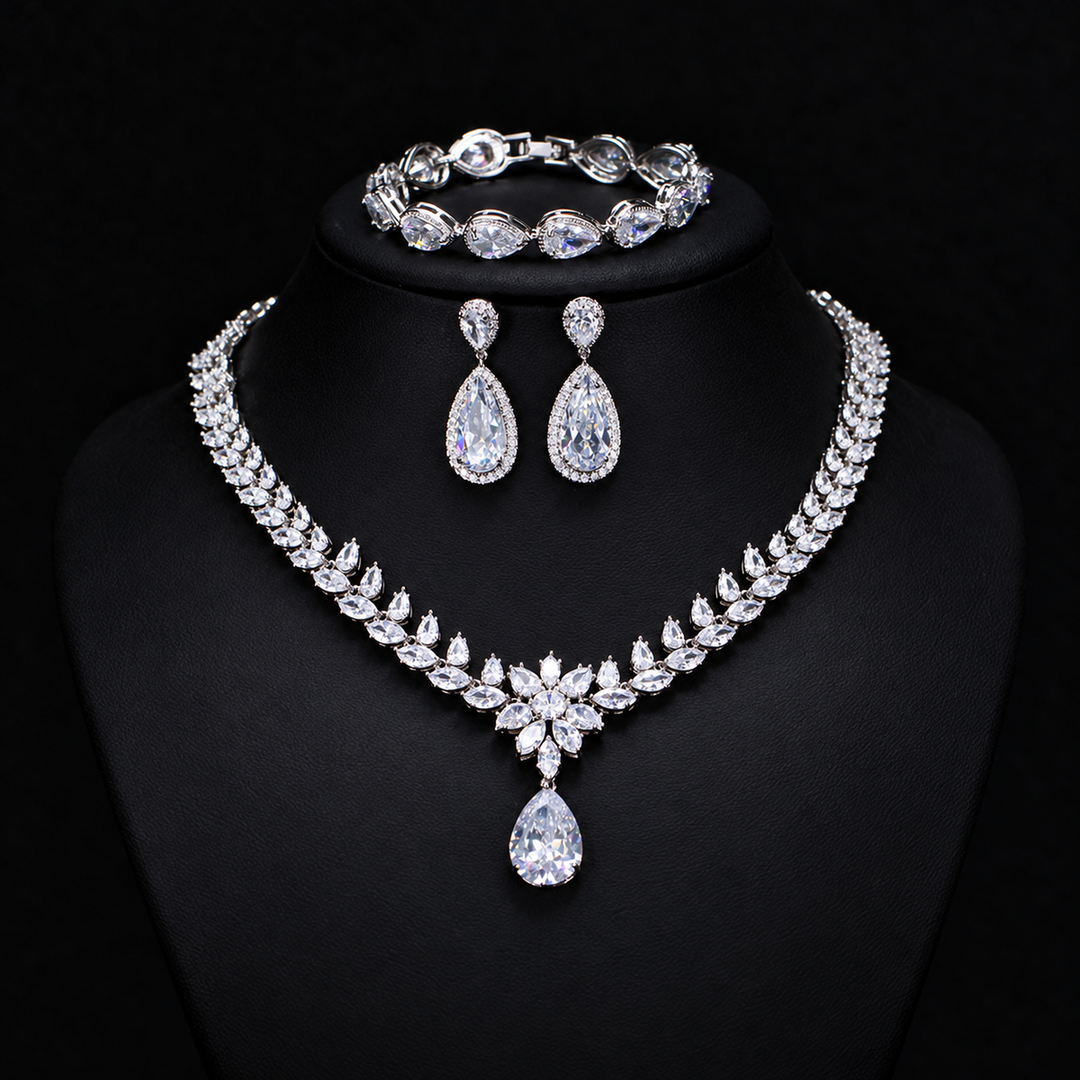 Dreamy Vow White Teardrop Necklace Earrings and Bracelet Set LE105