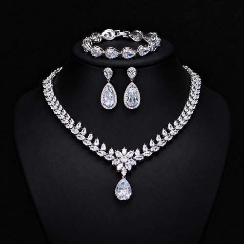 White Teardrop Necklace Earrings and Bracelet Set LE105