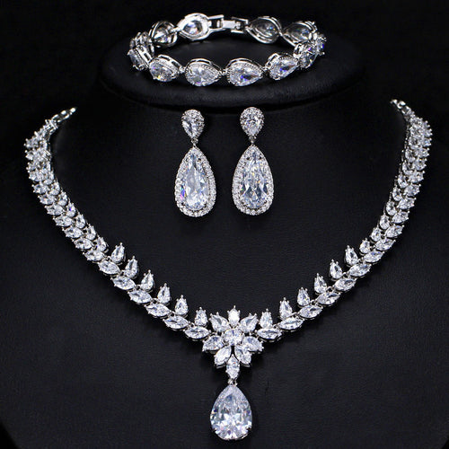 White Teardrop Necklace Earrings and Bracelet Set LE105