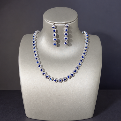 Round Halo Necklace and Linear Drop Earrings Set LE112