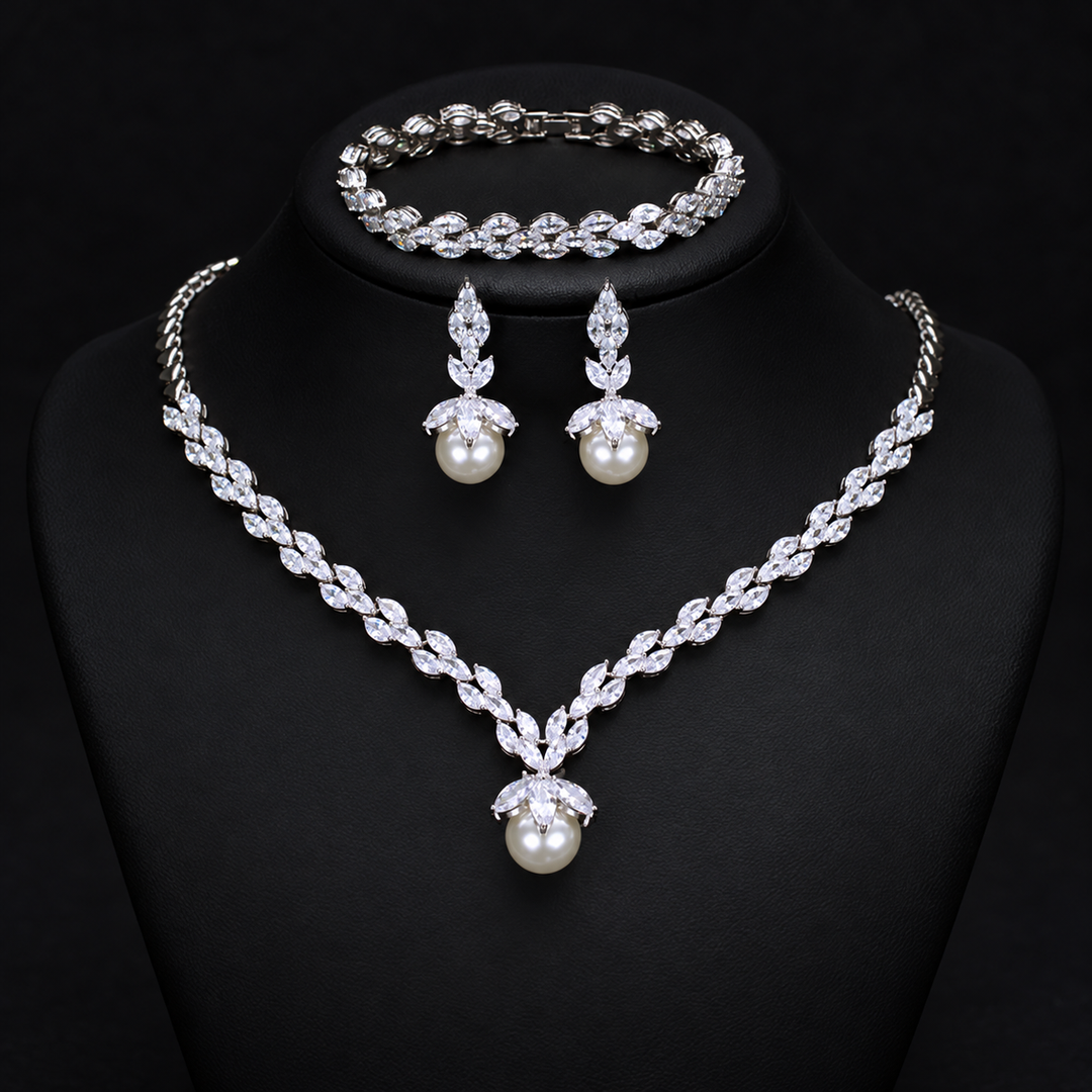Dreamy Vow Pearl-Look Leaf Necklace Earrings and Bracelet Set LE113