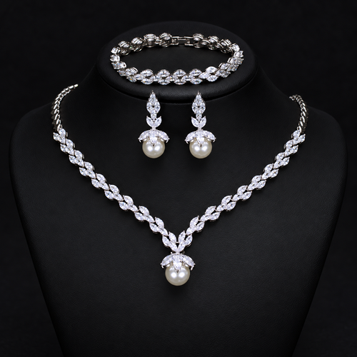 Pearl-Look Leaf Necklace Earrings and Bracelet Set LE113