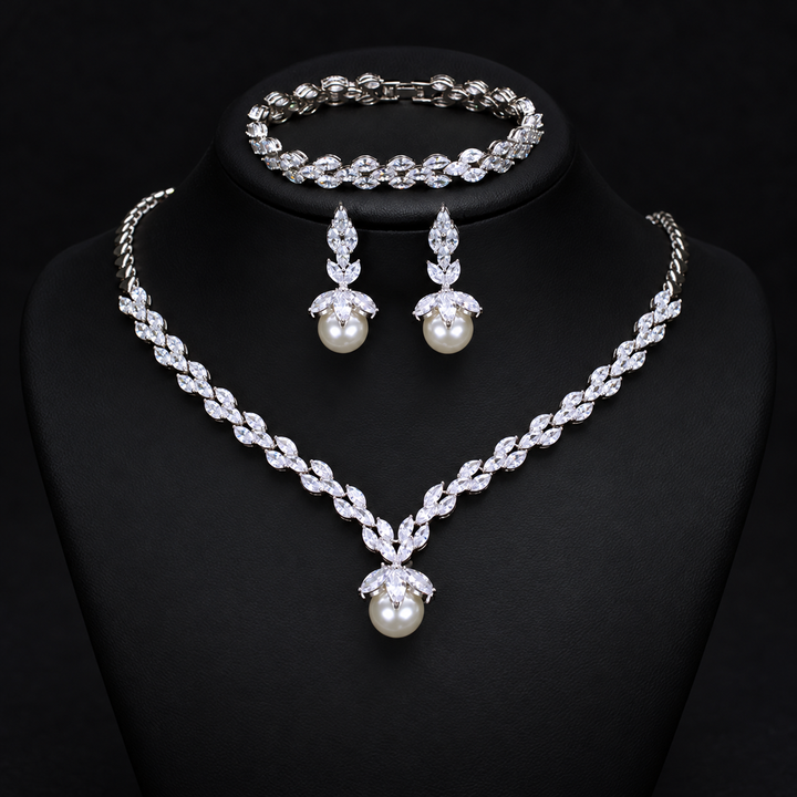 Dreamy Vow Pearl-Look Leaf Necklace Earrings and Bracelet Set LE113