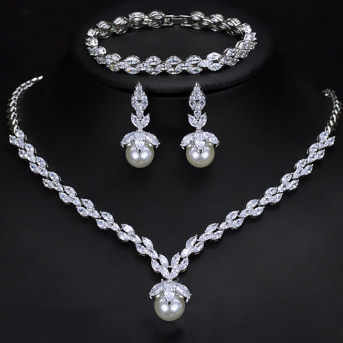 Pearl-Look Leaf Necklace Earrings and Bracelet Set LE113