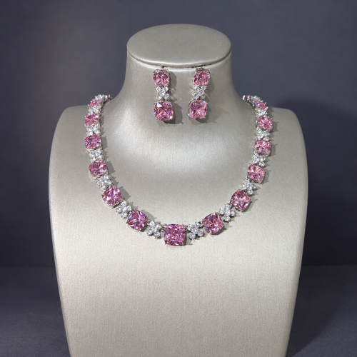 Pink Cushion Accent Necklace and Earrings Set LE114
