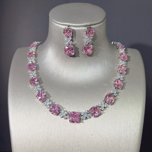 Pink Cushion Accent Necklace and Earrings Set LE114