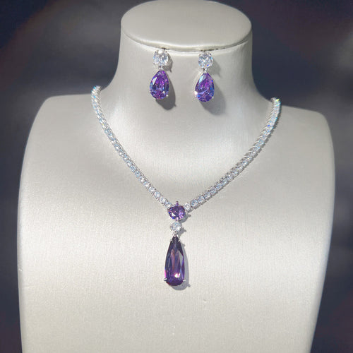 Purple Teardrop Pendant Necklace and Earrings Set LE115