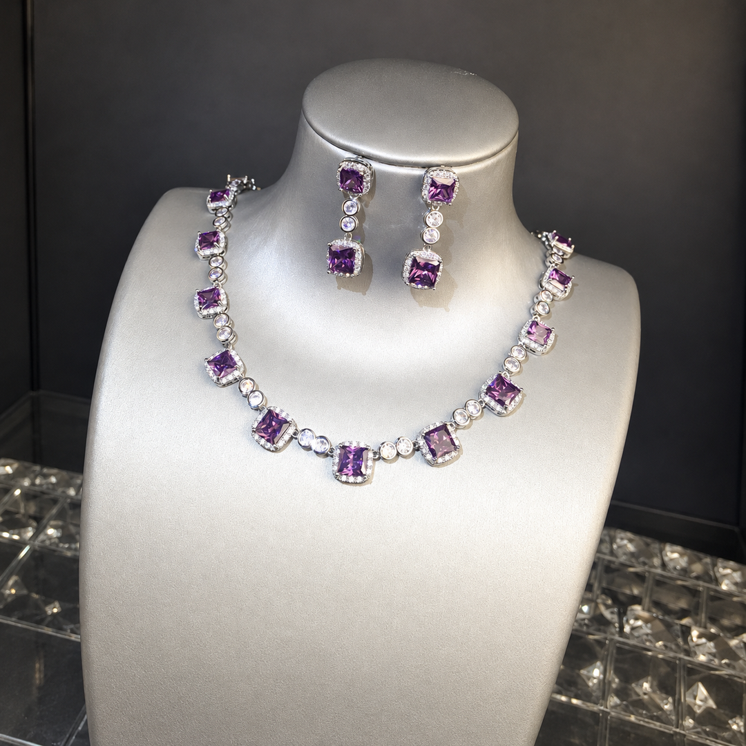 Dreamy Vow Purple Square Accent Necklace and Drop Earrings Set LE116