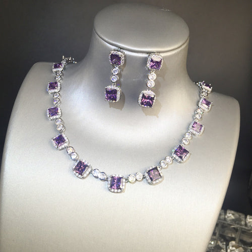 Purple Square Accent Necklace and Drop Earrings Set LE116