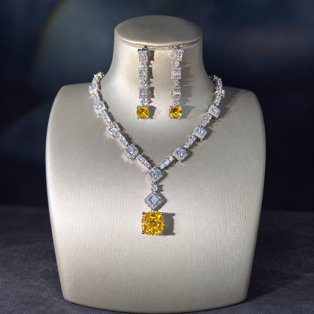 Dreamy Vow Yellow Square Pendant Necklace and Long Earrings Set LE118