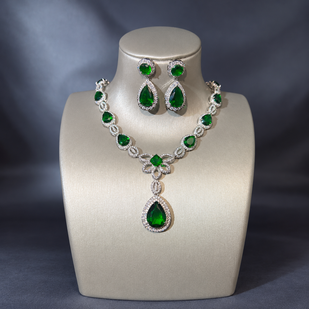 Dreamy Vow Green Teardrop Halo Necklace and Earrings Set LE121