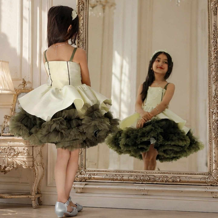 Olive green and ivory short flower girl dress M055 back view