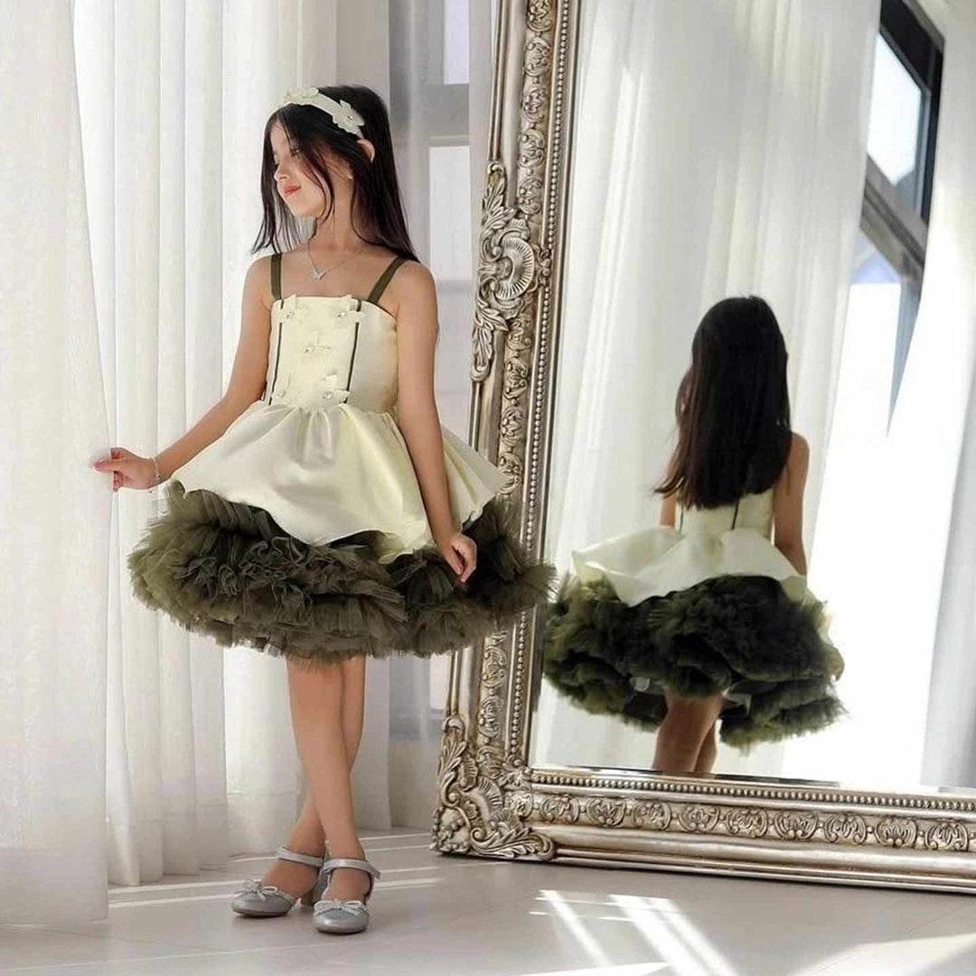 Olive green and ivory short flower girl dress M055 detail